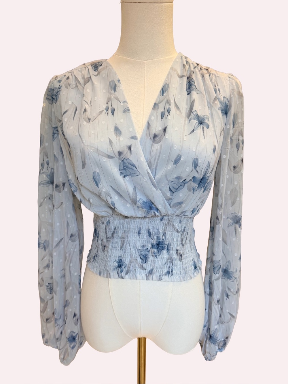 Bardot Mabel Blue Lily Floral Smocked Crop Top Blouse